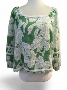 Tahari Green and White Floral Peasant Blouse